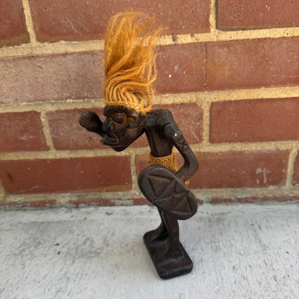 Vintage Hand Carved Wood Tribal Warrior Statue with Shield and Fiber Hair 8" - Picture 2 of 6